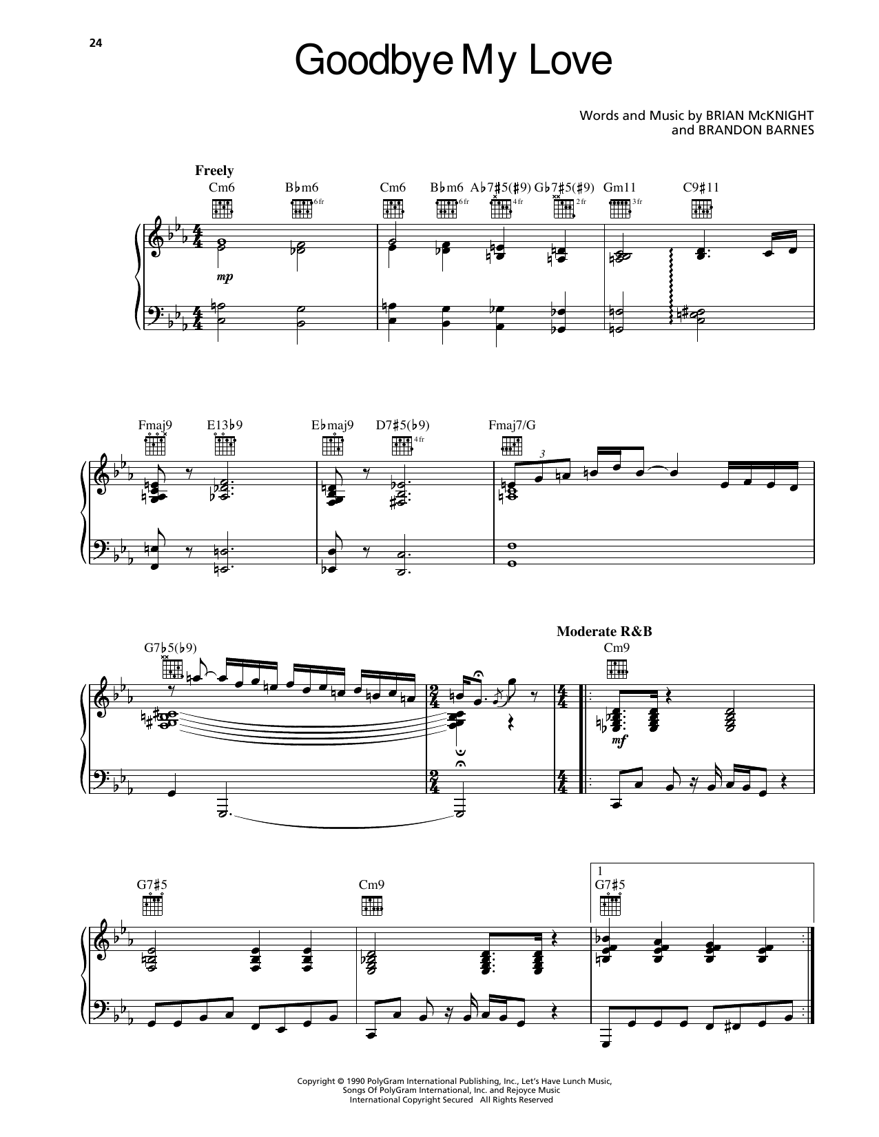 Download Brian McKnight Goodbye My Love Sheet Music and learn how to play Piano, Vocal & Guitar Chords (Right-Hand Melody) PDF digital score in minutes