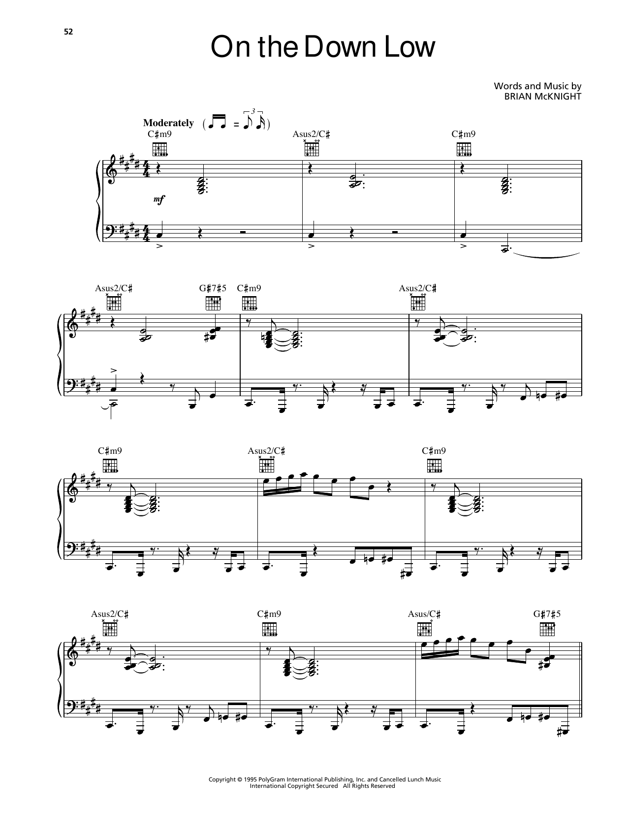 Download Brian McKnight On The Down Low Sheet Music and learn how to play Piano, Vocal & Guitar Chords (Right-Hand Melody) PDF digital score in minutes
