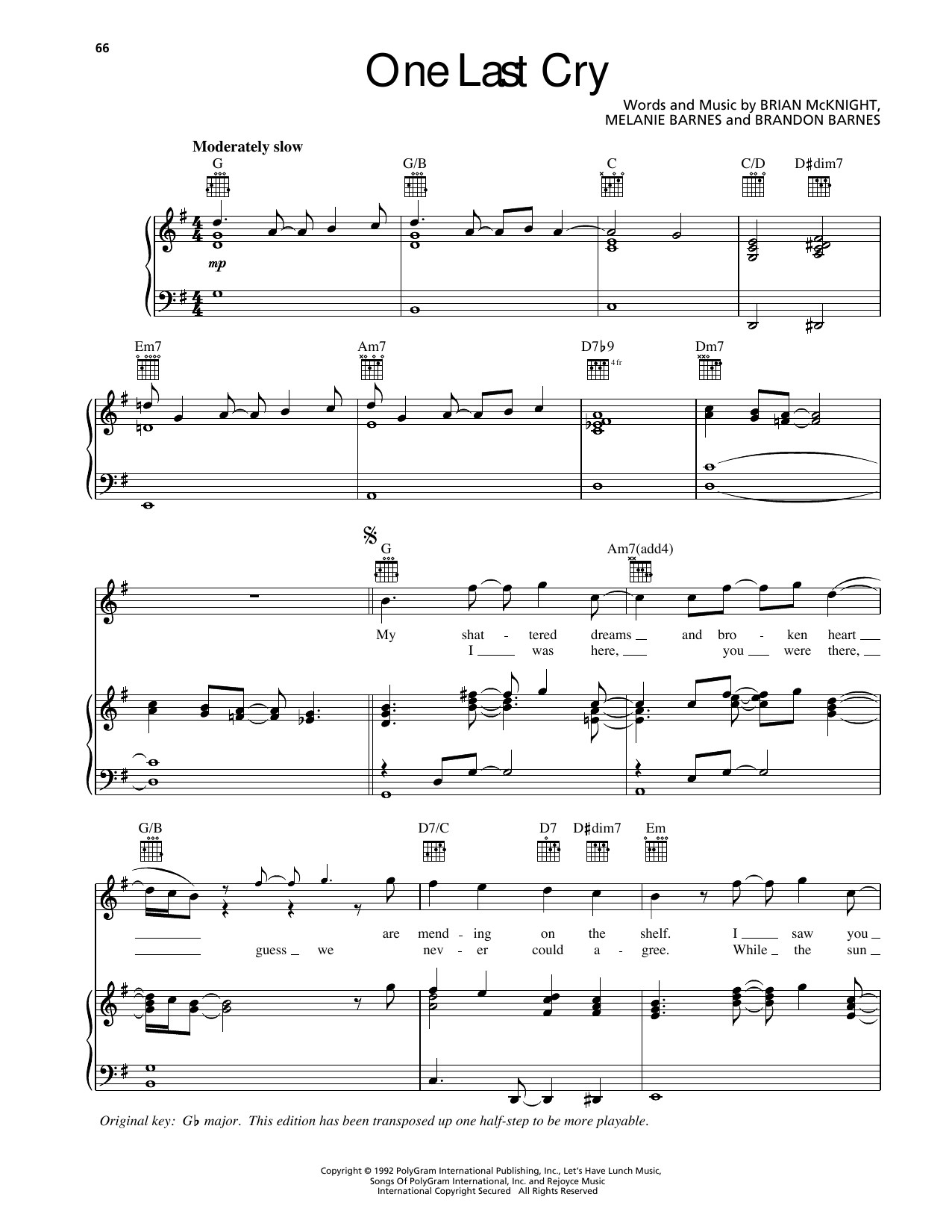 Download Brian McKnight One Last Cry Sheet Music and learn how to play Piano, Vocal & Guitar Chords (Right-Hand Melody) PDF digital score in minutes