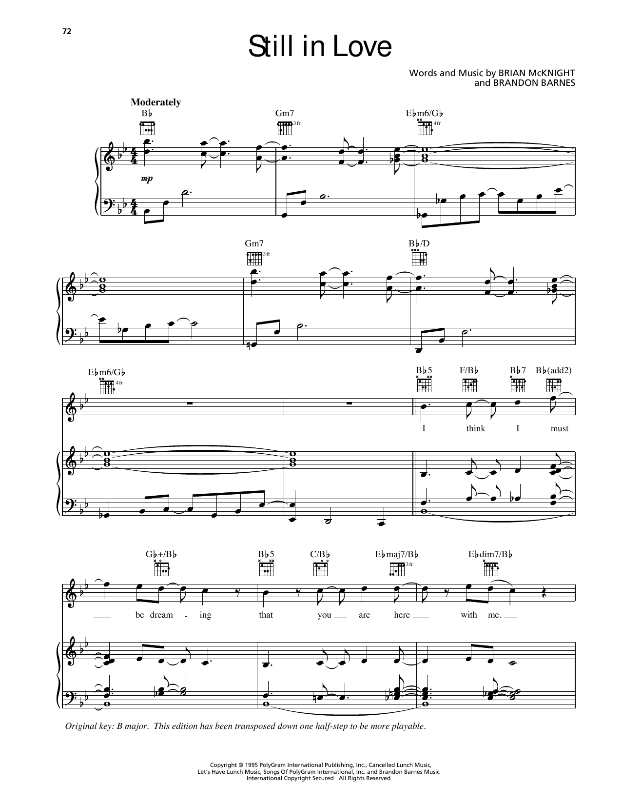 Download Brian McKnight Still In Love Sheet Music and learn how to play Piano, Vocal & Guitar Chords (Right-Hand Melody) PDF digital score in minutes