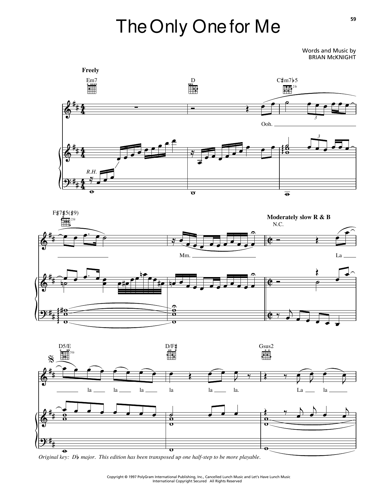 Download Brian McKnight The Only One For Me Sheet Music and learn how to play Piano, Vocal & Guitar Chords (Right-Hand Melody) PDF digital score in minutes