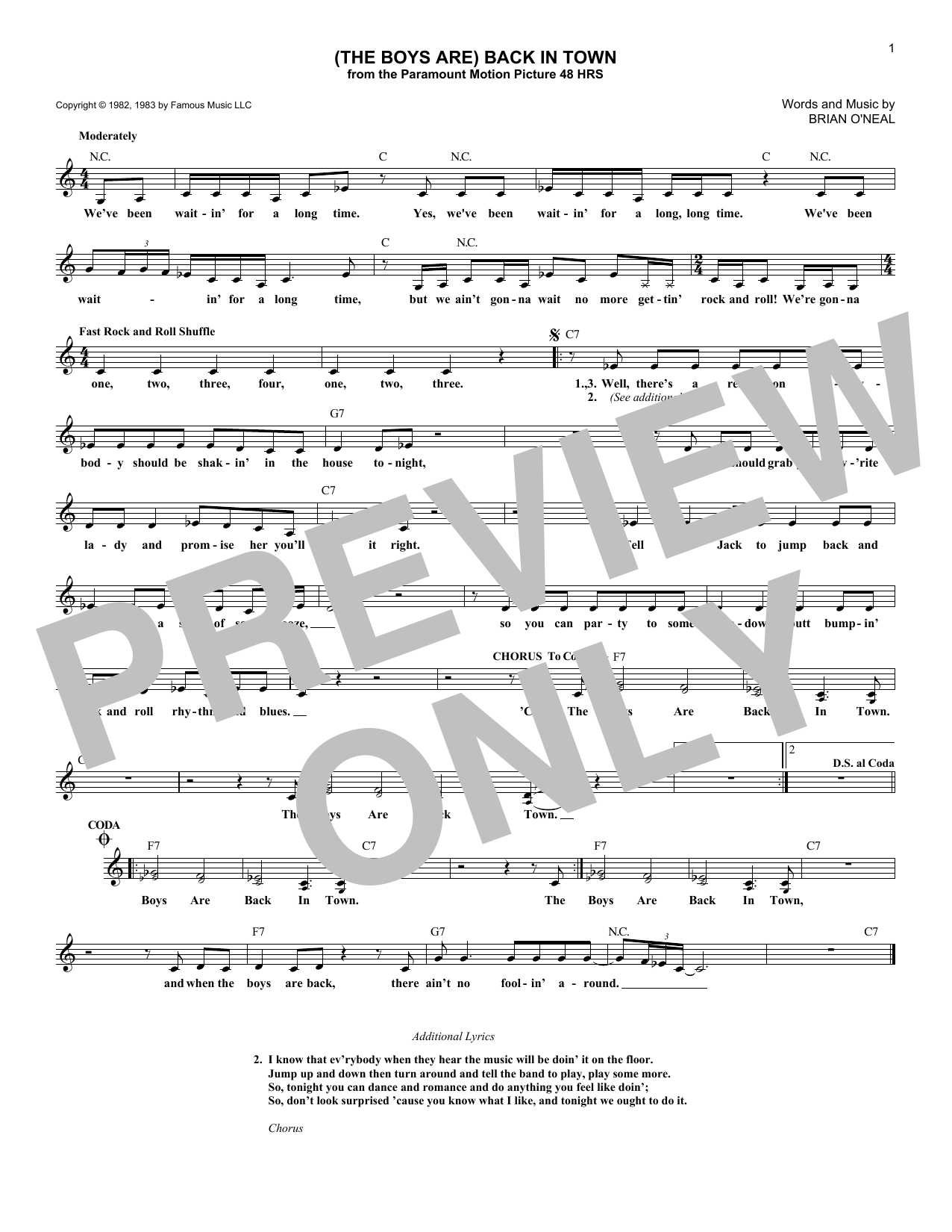 Download Brian O'Neal (The Boys Are) Back In Town Sheet Music and learn how to play Melody Line, Lyrics & Chords PDF digital score in minutes