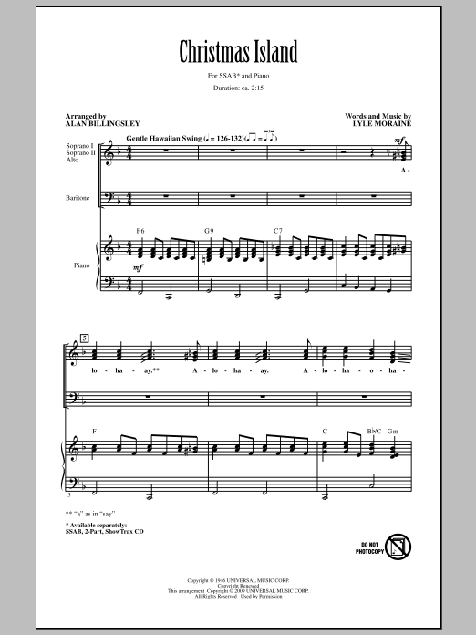 Download Brian Setzer Christmas Island (arr. Alan Billingsley) Sheet Music and learn how to play 2-Part Choir PDF digital score in minutes