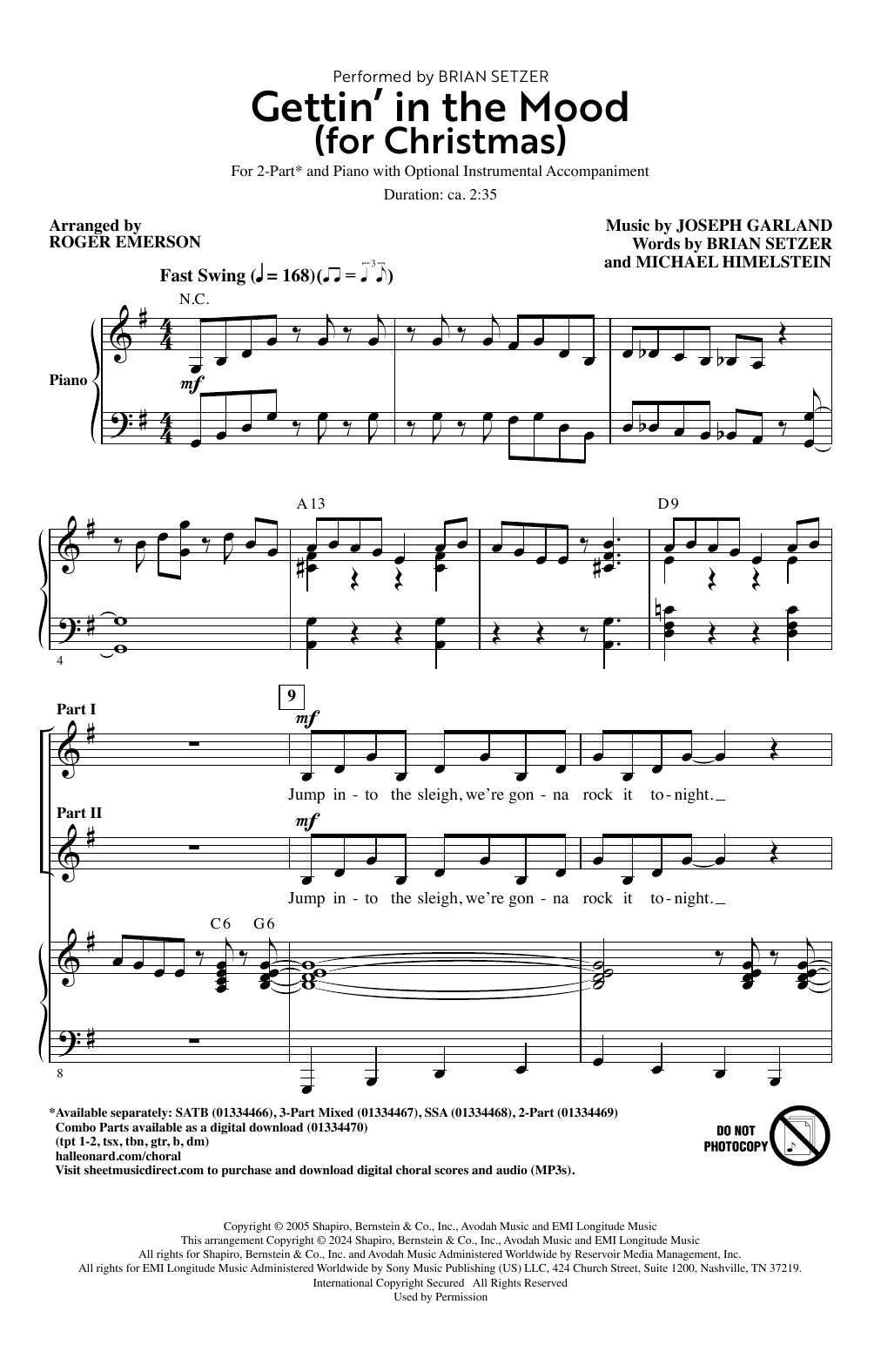 Download Brian Setzer Gettin' In The Mood (For Christmas) (arr. Roger Emerson) Sheet Music and learn how to play 2-Part Choir PDF digital score in minutes