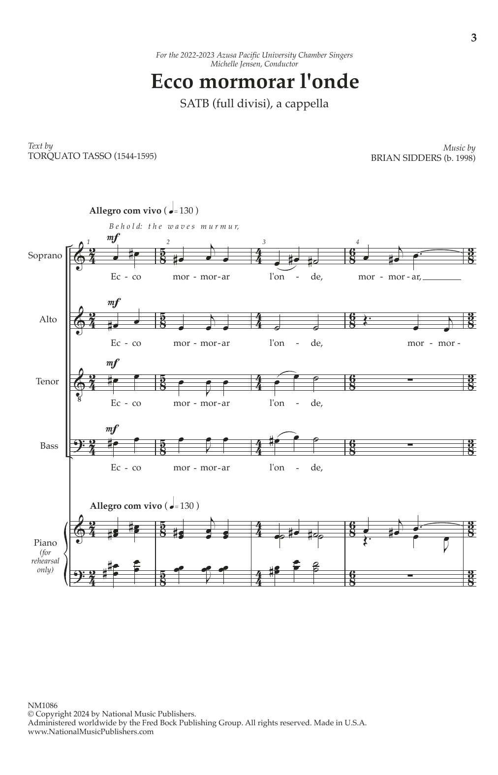 Download Brian Sidders Ecco mormorar l'onde Sheet Music and learn how to play SATB Choir PDF digital score in minutes