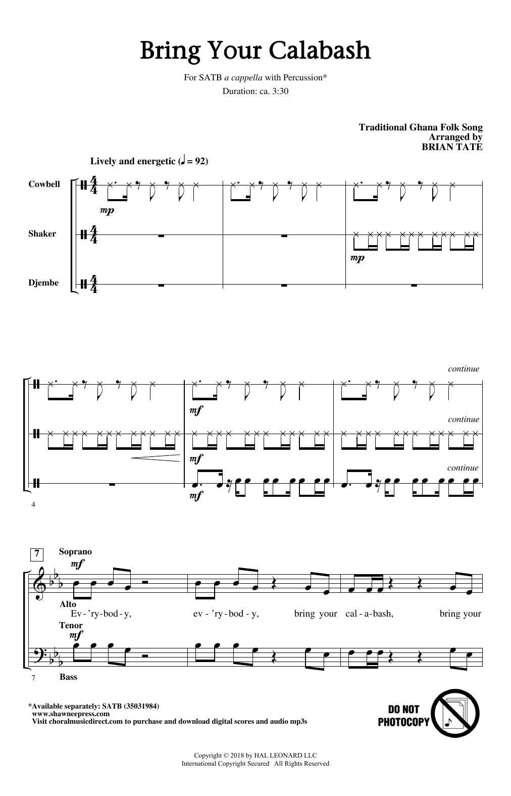 Download Brian Tate Bring Your Calabash Sheet Music and learn how to play SATB PDF digital score in minutes