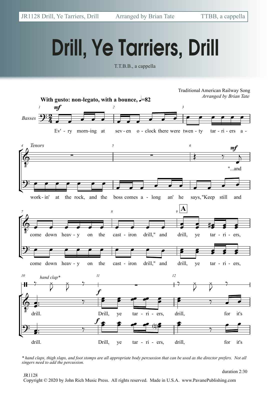 Download Brian Tate Drill, Ye Tarriers, Drill Sheet Music and learn how to play TTBB Choir PDF digital score in minutes