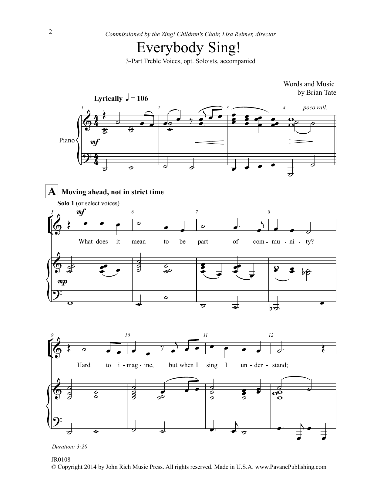 Download Brian Tate Everybody Sing! Sheet Music and learn how to play 3-Part Treble Choir PDF digital score in minutes