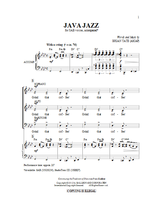 Download Brian Tate Java Jazz Sheet Music and learn how to play SAB PDF digital score in minutes