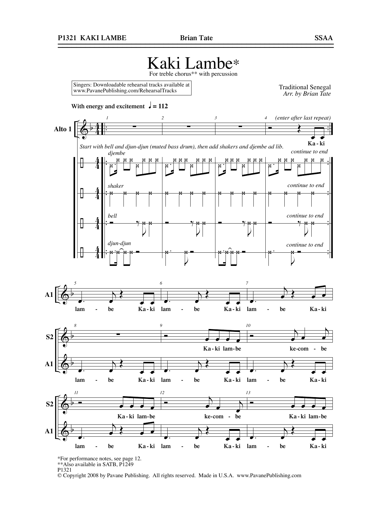 Download Brian Tate Kaki Lambe Sheet Music and learn how to play SSA Choir PDF digital score in minutes