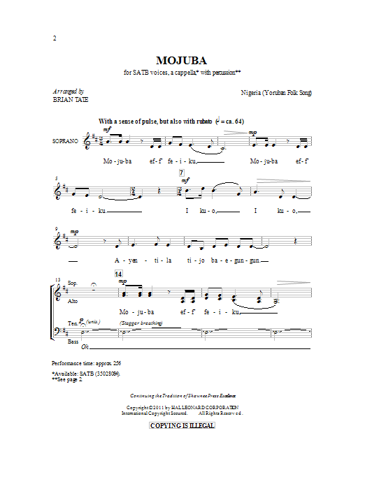 Download Brian Tate Mojuba Sheet Music and learn how to play SATB PDF digital score in minutes