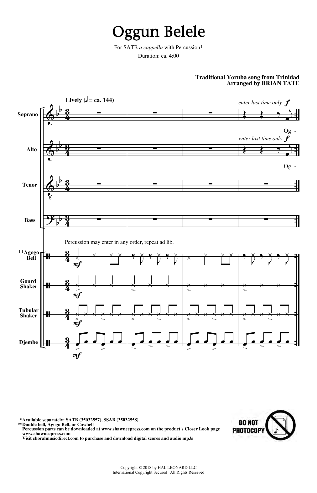Download Brian Tate Oggun Belele Sheet Music and learn how to play SATB Choir PDF digital score in minutes