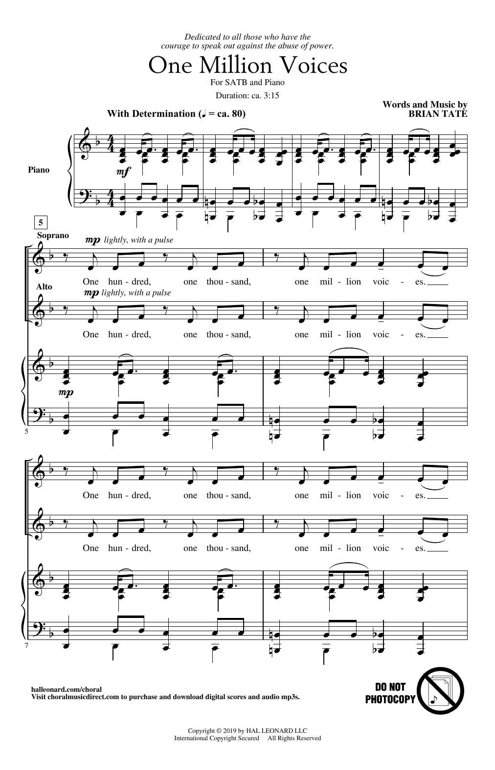 Download Brian Tate One Million Voices Sheet Music and learn how to play SATB Choir PDF digital score in minutes
