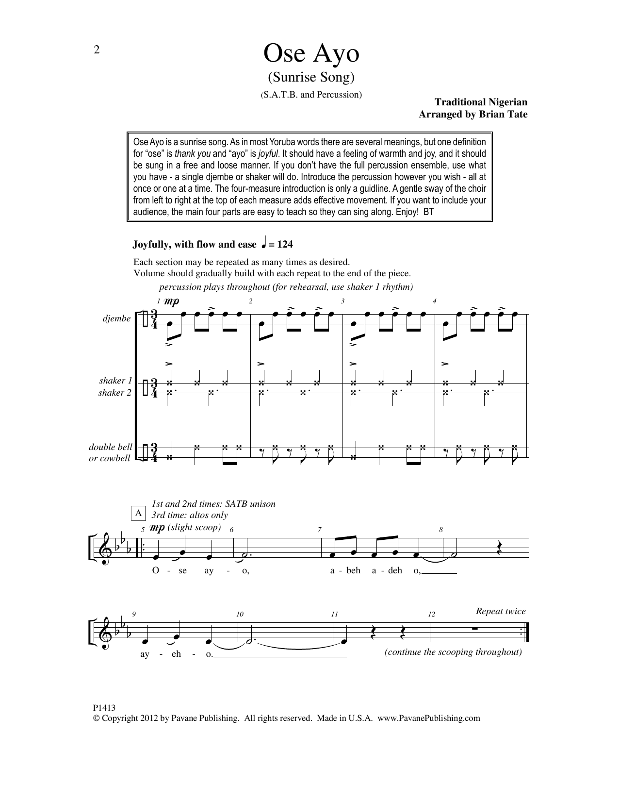 Download Brian Tate Ose Ayo (Sunrise Song) Sheet Music and learn how to play SATB Choir PDF digital score in minutes