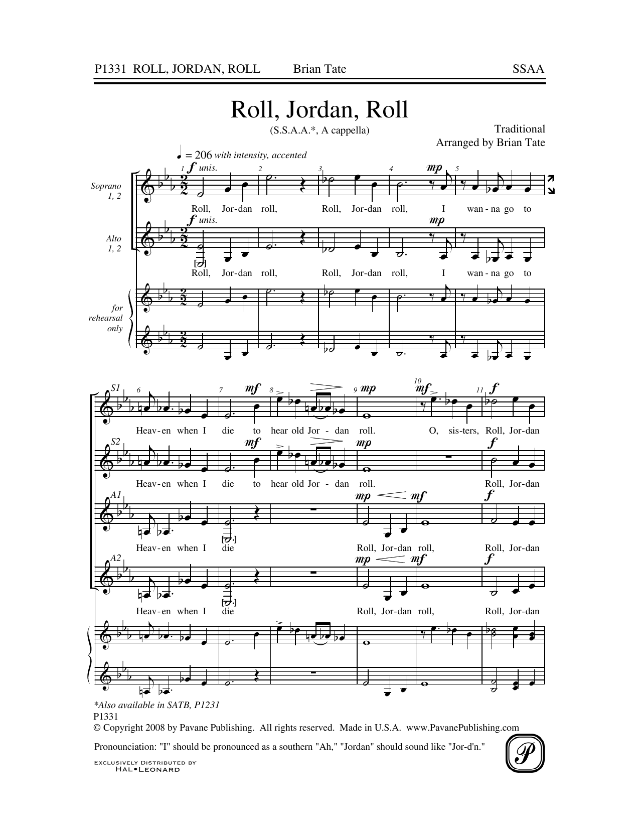 Download Brian Tate Roll, Jordan, Roll Sheet Music and learn how to play SSA Choir PDF digital score in minutes