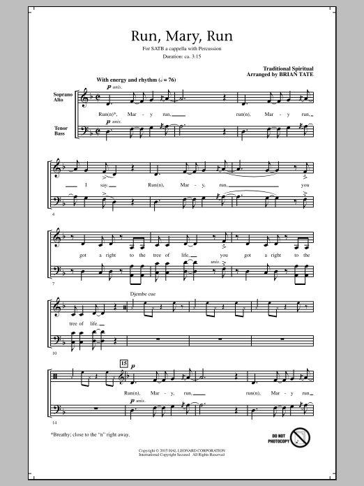 Download Brian Tate Run, Mary, Run Sheet Music and learn how to play SATB PDF digital score in minutes