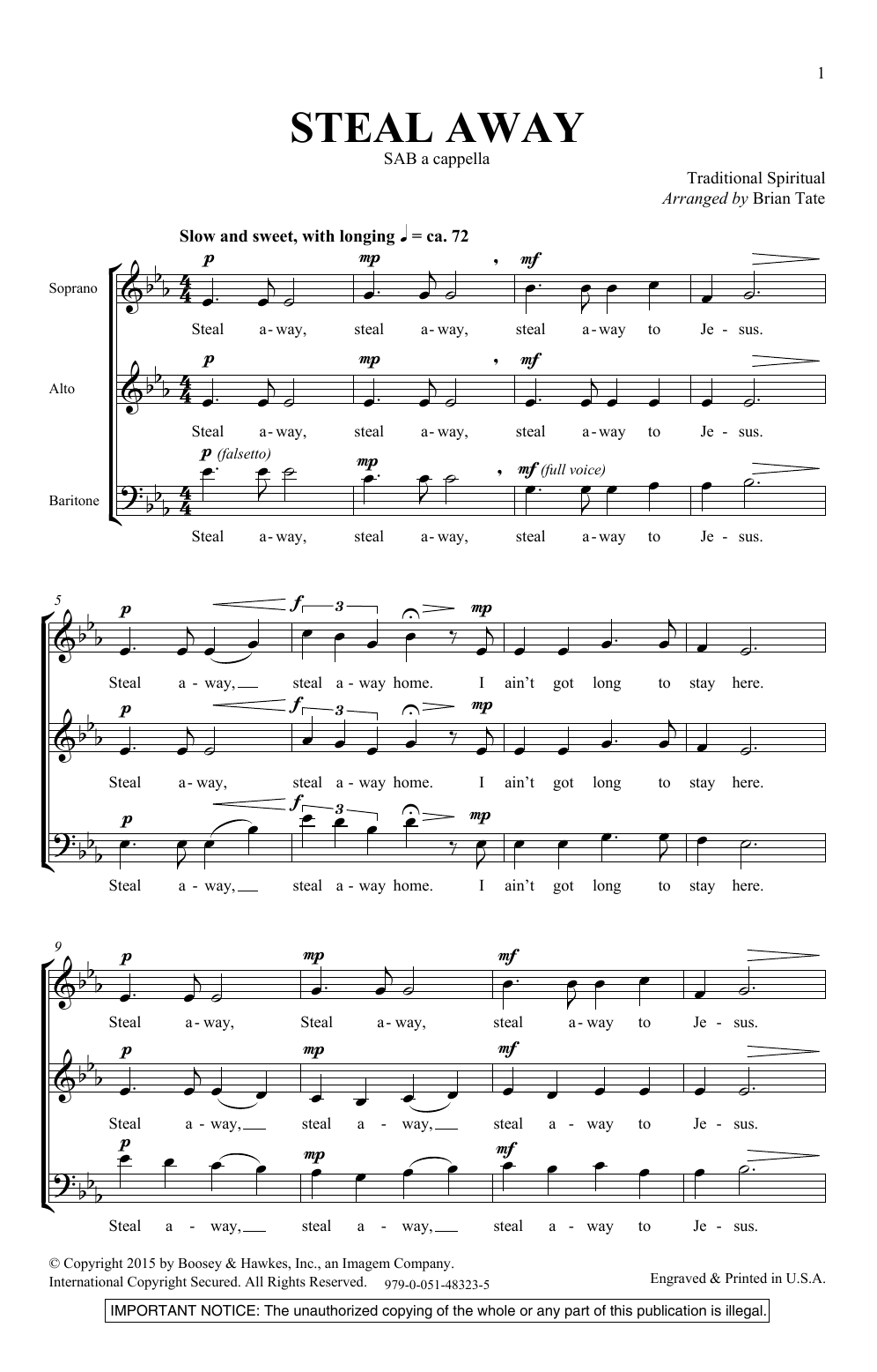 Download Brian Tate Steal Away Sheet Music and learn how to play SAB PDF digital score in minutes