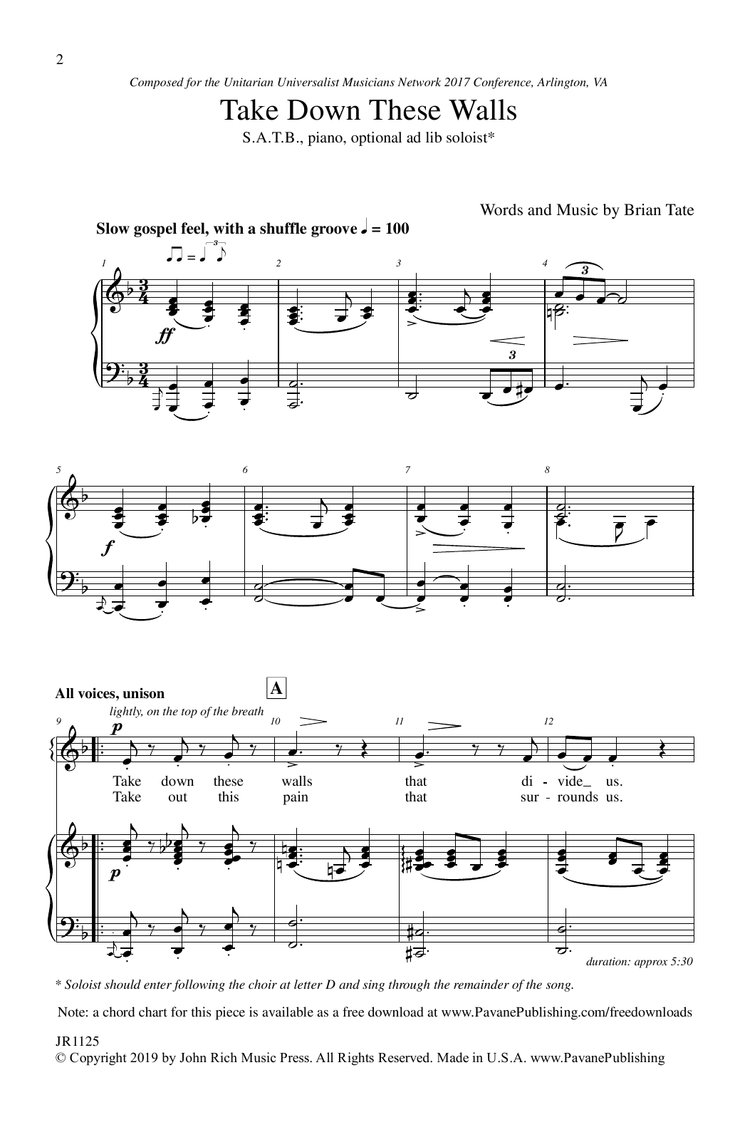 Download Brian Tate Take Down These Walls Sheet Music and learn how to play SATB Choir PDF digital score in minutes