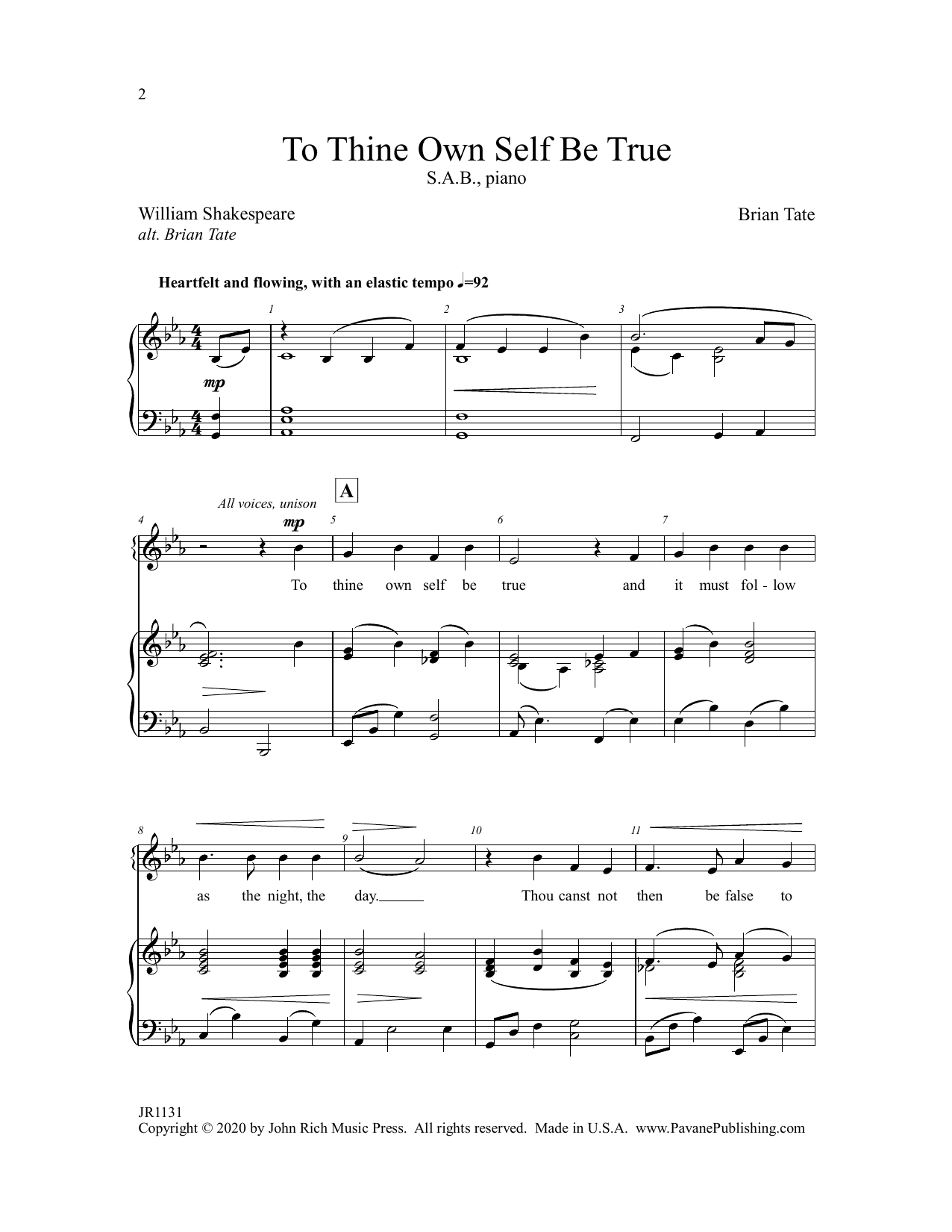 Download Brian Tate To Thine Own Self Be True Sheet Music and learn how to play SAB Choir PDF digital score in minutes