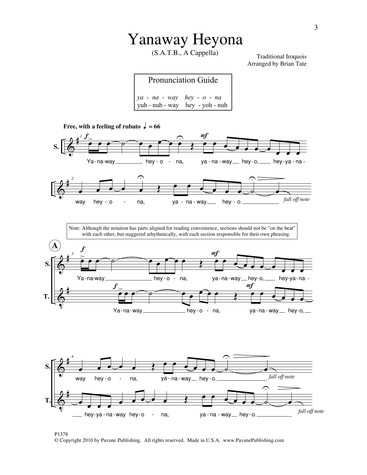 Download Brian Tate Yanaway Heyona Sheet Music and learn how to play SATB Choir PDF digital score in minutes