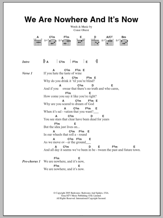 Download Bright Eyes We Are Nowhere And It's Now Sheet Music and learn how to play Lyrics & Chords PDF digital score in minutes