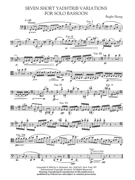 Download Bright Sheng Seven Short Yadhtrib Variations Sheet Music and learn how to play Bassoon PDF digital score in minutes