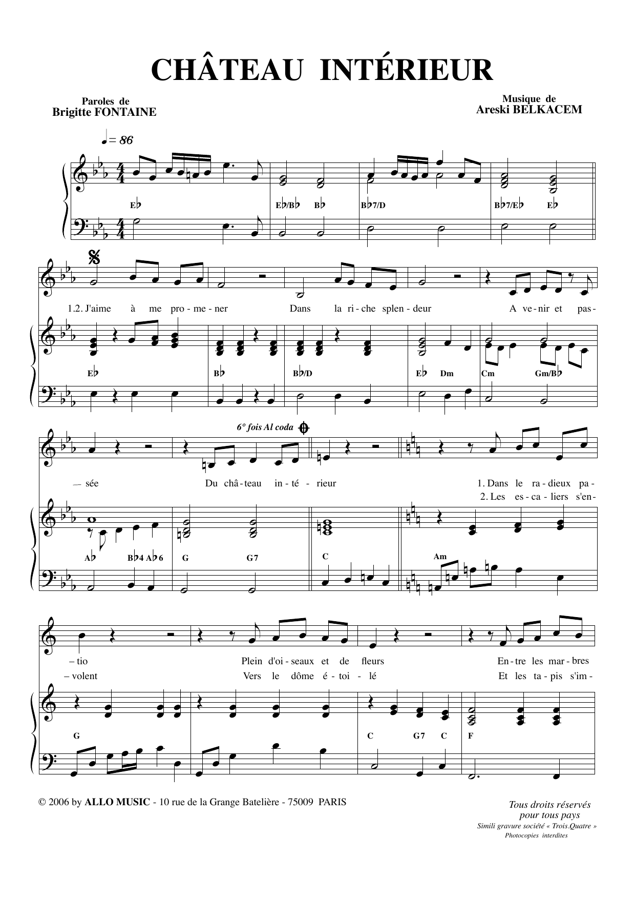 Download Brigitte Fontaine & Areski Belkacem Chateau intérieur Sheet Music and learn how to play Piano & Vocal PDF digital score in minutes