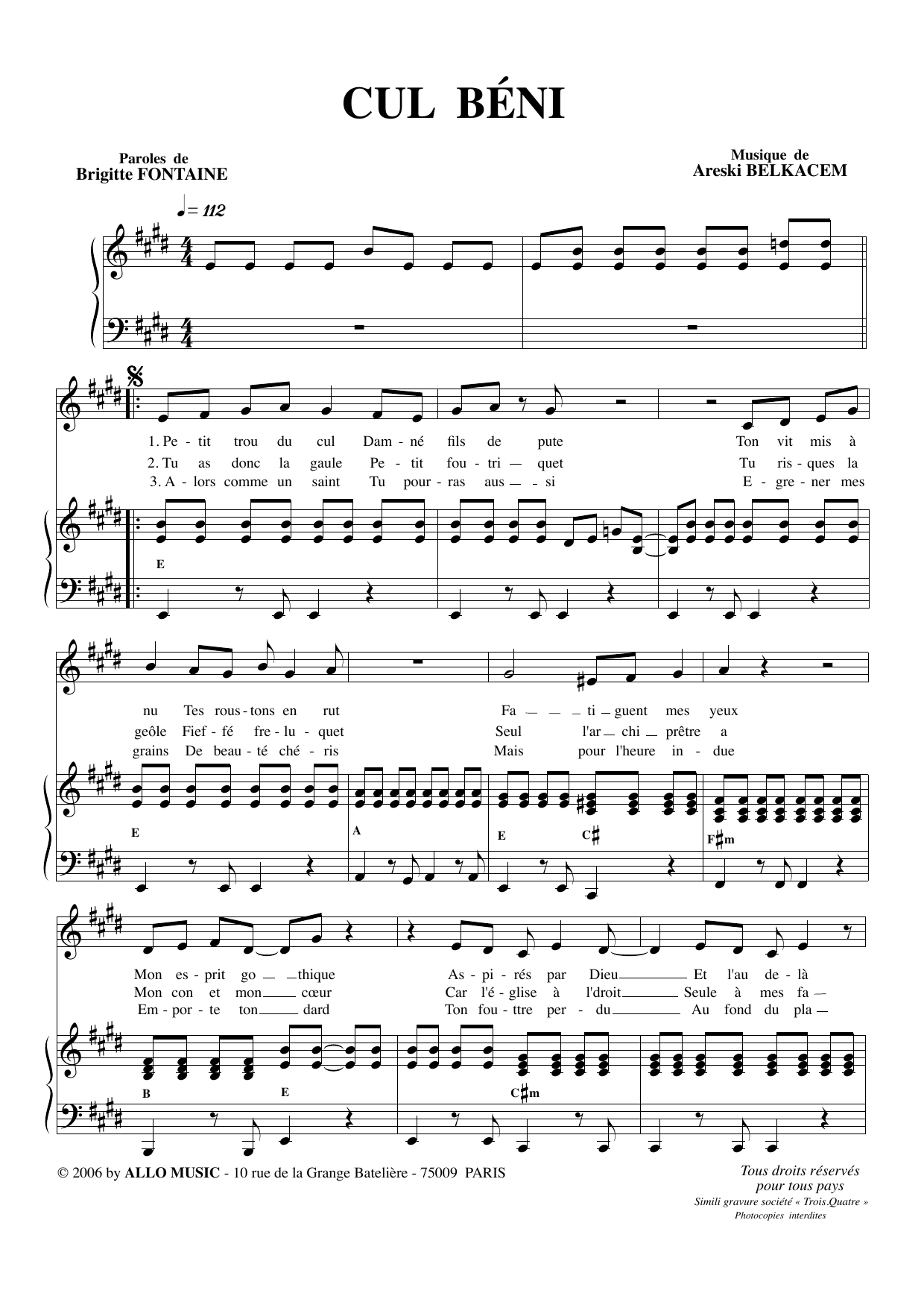 Download Brigitte Fontaine & Areski Belkacem Cul Beni Sheet Music and learn how to play Piano & Vocal PDF digital score in minutes