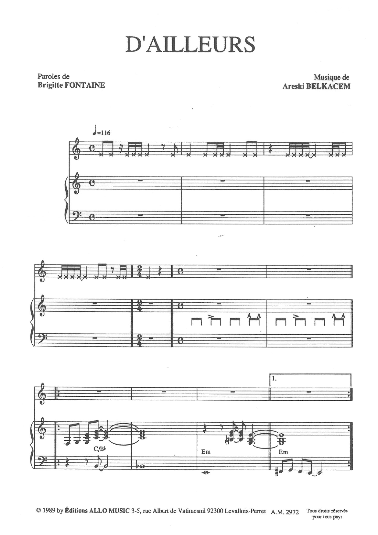 Download Brigitte Fontaine & Areski Belkacem D'ailleurs Sheet Music and learn how to play Piano & Vocal PDF digital score in minutes