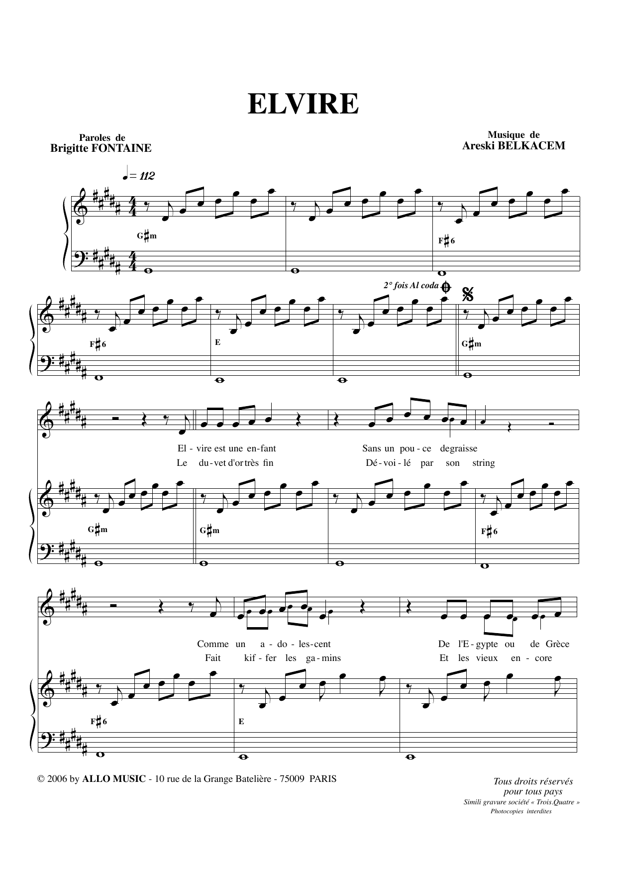 Download Brigitte Fontaine & Areski Belkacem Elvire Sheet Music and learn how to play Piano & Vocal PDF digital score in minutes