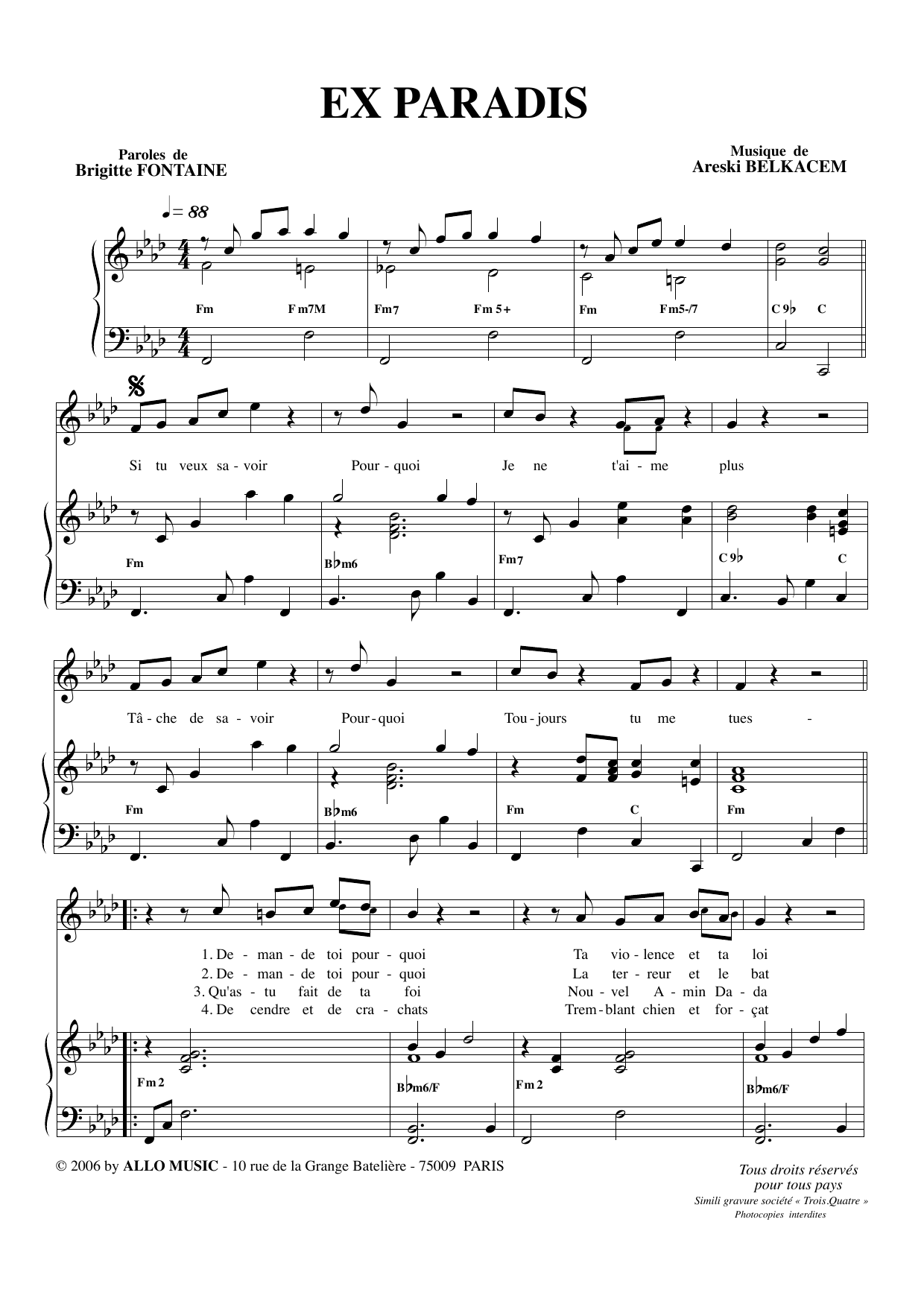 Download Brigitte Fontaine & Areski Belkacem Exparadis Sheet Music and learn how to play Piano & Vocal PDF digital score in minutes