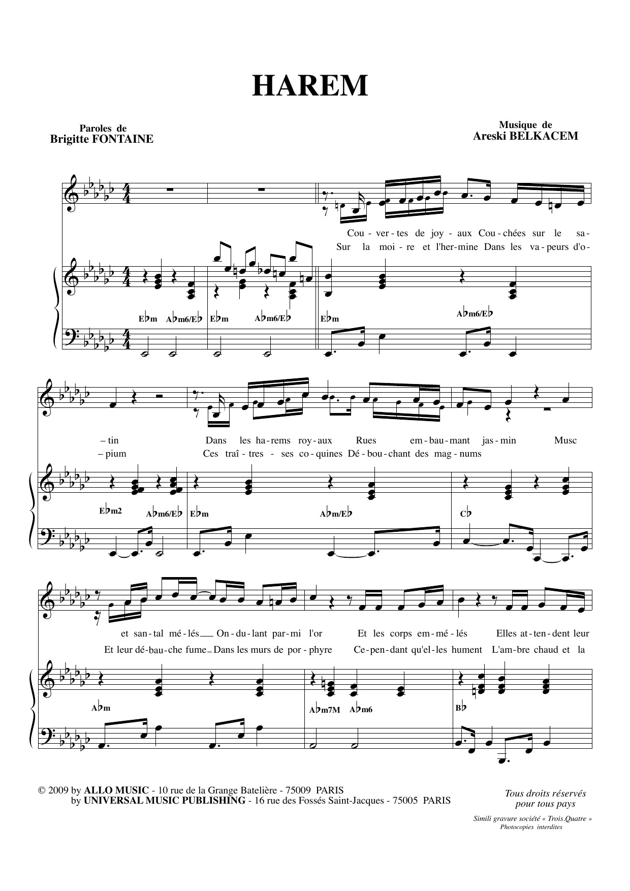 Download Brigitte Fontaine & Areski Belkacem Harem Sheet Music and learn how to play Piano & Vocal PDF digital score in minutes