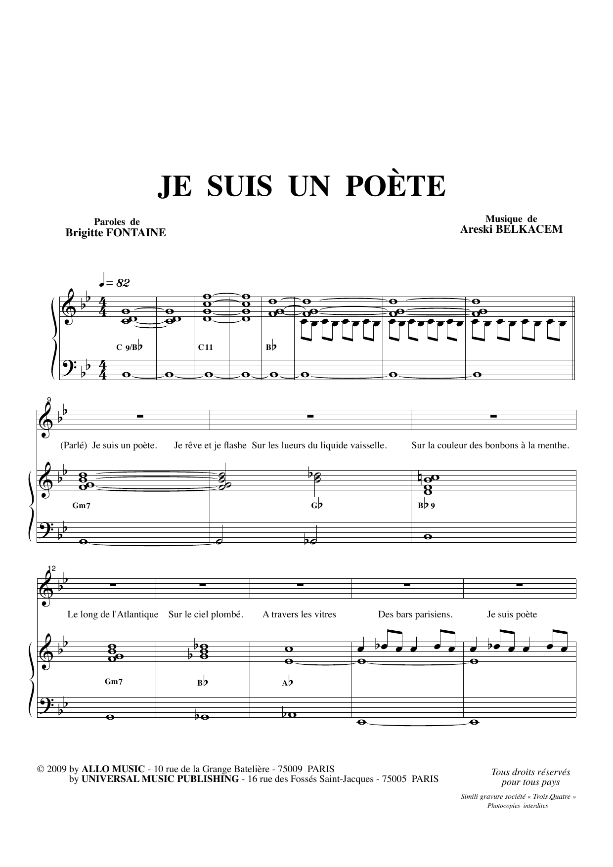 Download Brigitte Fontaine & Areski Belkacem Je Suis Un Poète Sheet Music and learn how to play Piano & Vocal PDF digital score in minutes