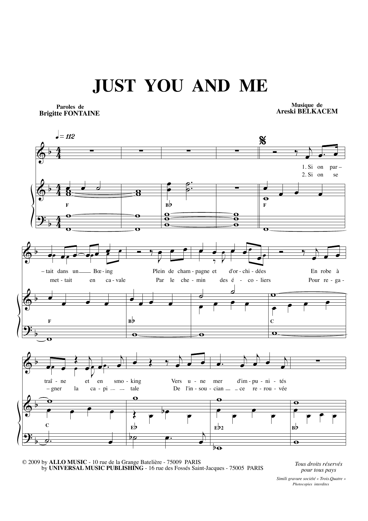 Download Brigitte Fontaine & Areski Belkacem Just You And Me Sheet Music and learn how to play Piano & Vocal PDF digital score in minutes