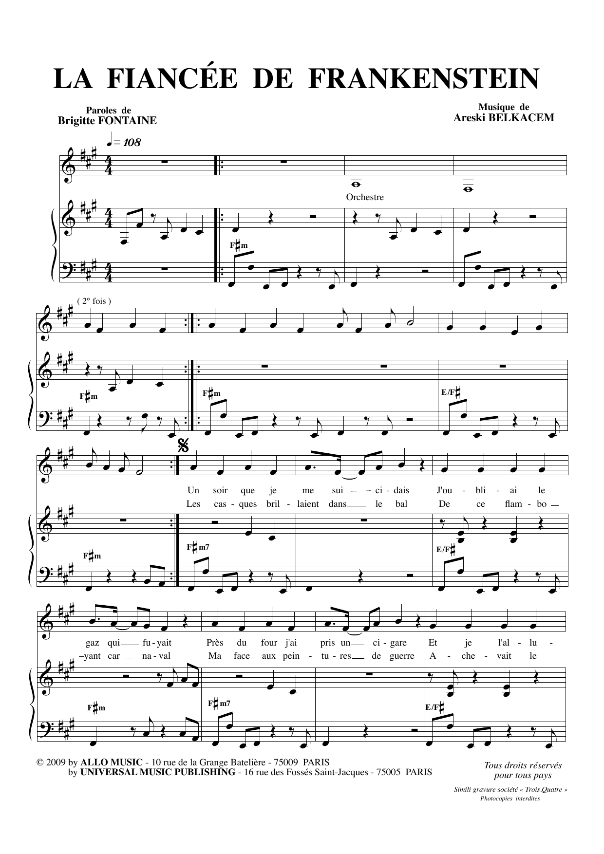 Download Brigitte Fontaine & Areski Belkacem La Fiancée de Frankenstein Sheet Music and learn how to play Piano & Vocal PDF digital score in minutes