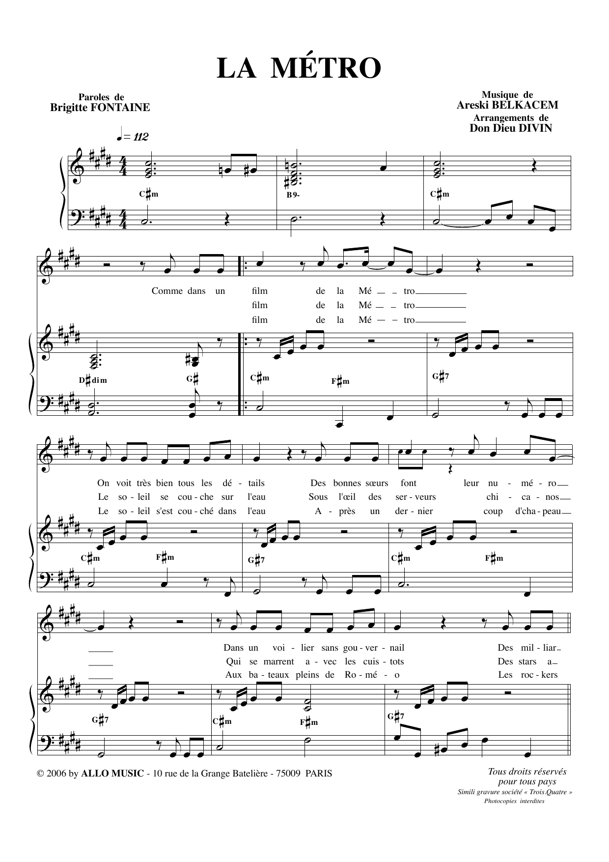 Download Brigitte Fontaine & Areski Belkacem La Métro (arr. Don Dieu Divin) Sheet Music and learn how to play Piano & Vocal PDF digital score in minutes