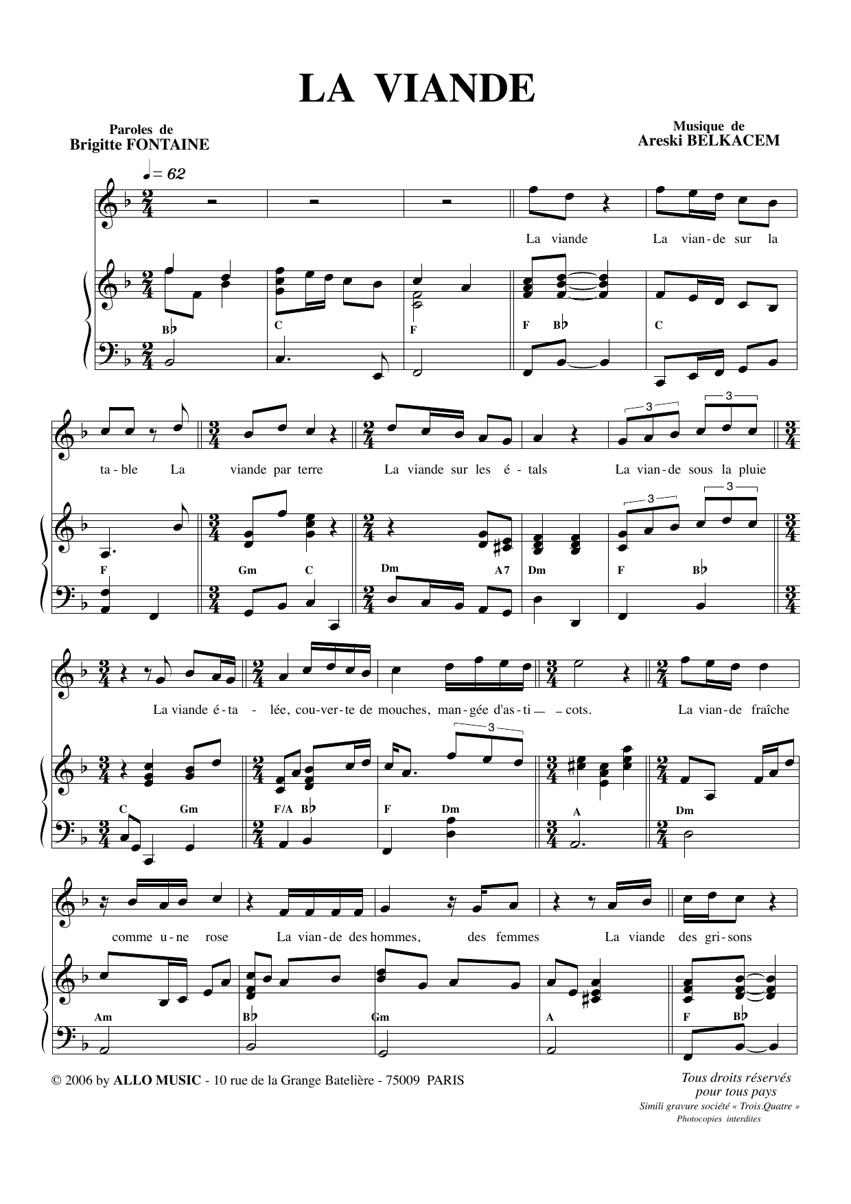 Download Brigitte Fontaine & Areski Belkacem La Viande Sheet Music and learn how to play Piano & Vocal PDF digital score in minutes