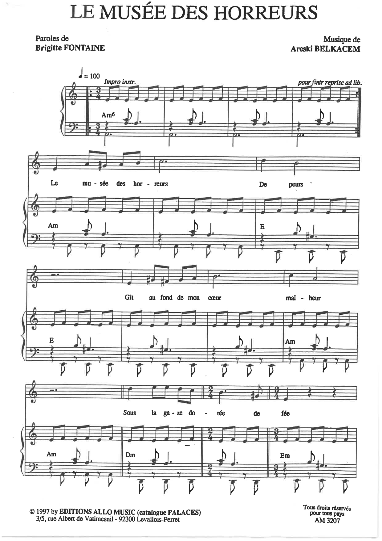 Download Brigitte Fontaine & Areski Belkacem Le Musée Des Horreurs Sheet Music and learn how to play Piano & Vocal PDF digital score in minutes