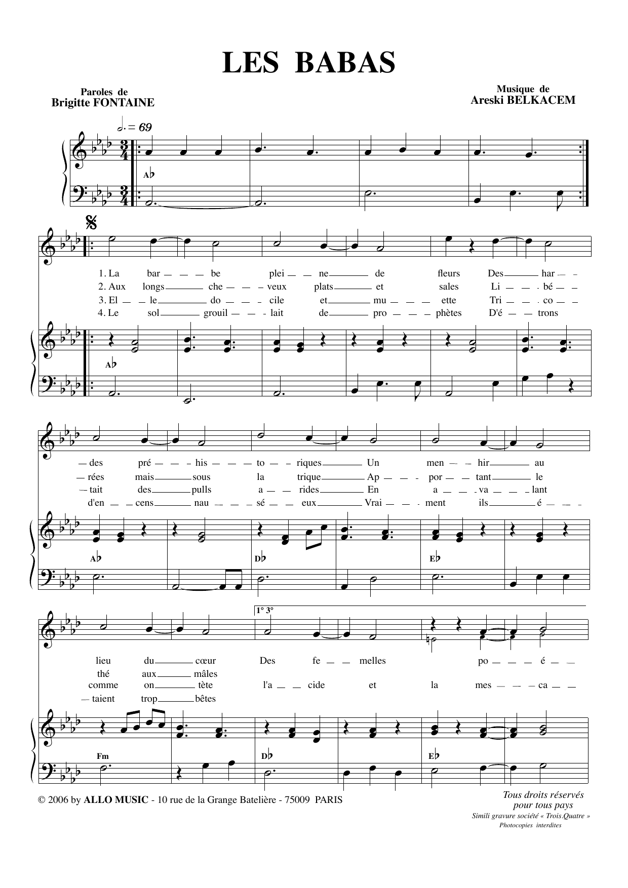 Download Brigitte Fontaine & Areski Belkacem Les Babas Sheet Music and learn how to play Piano & Vocal PDF digital score in minutes