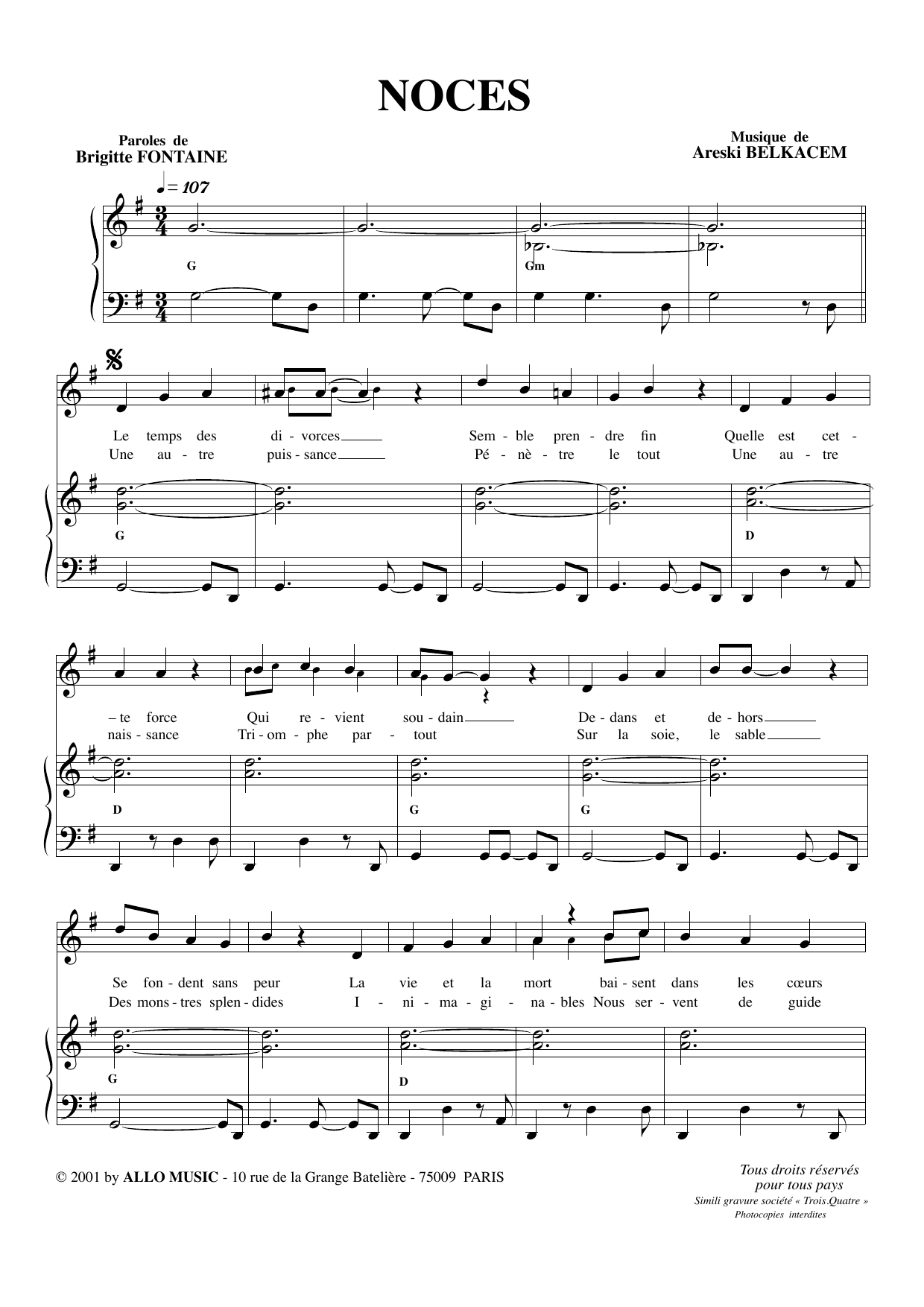 Download Brigitte Fontaine & Areski Belkacem Noces Sheet Music and learn how to play Piano & Vocal PDF digital score in minutes