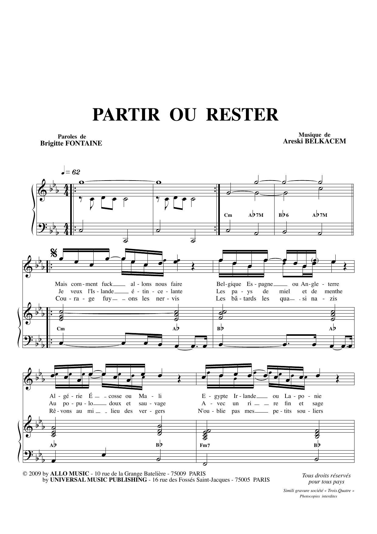 Download Brigitte Fontaine & Areski Belkacem Partir Ou Rester Sheet Music and learn how to play Piano & Vocal PDF digital score in minutes