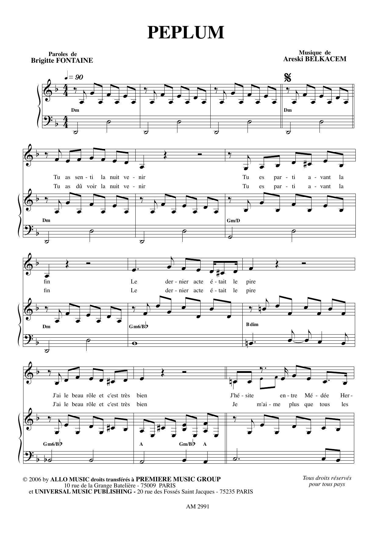 Download Brigitte Fontaine & Areski Belkacem Peplum Sheet Music and learn how to play Piano & Vocal PDF digital score in minutes