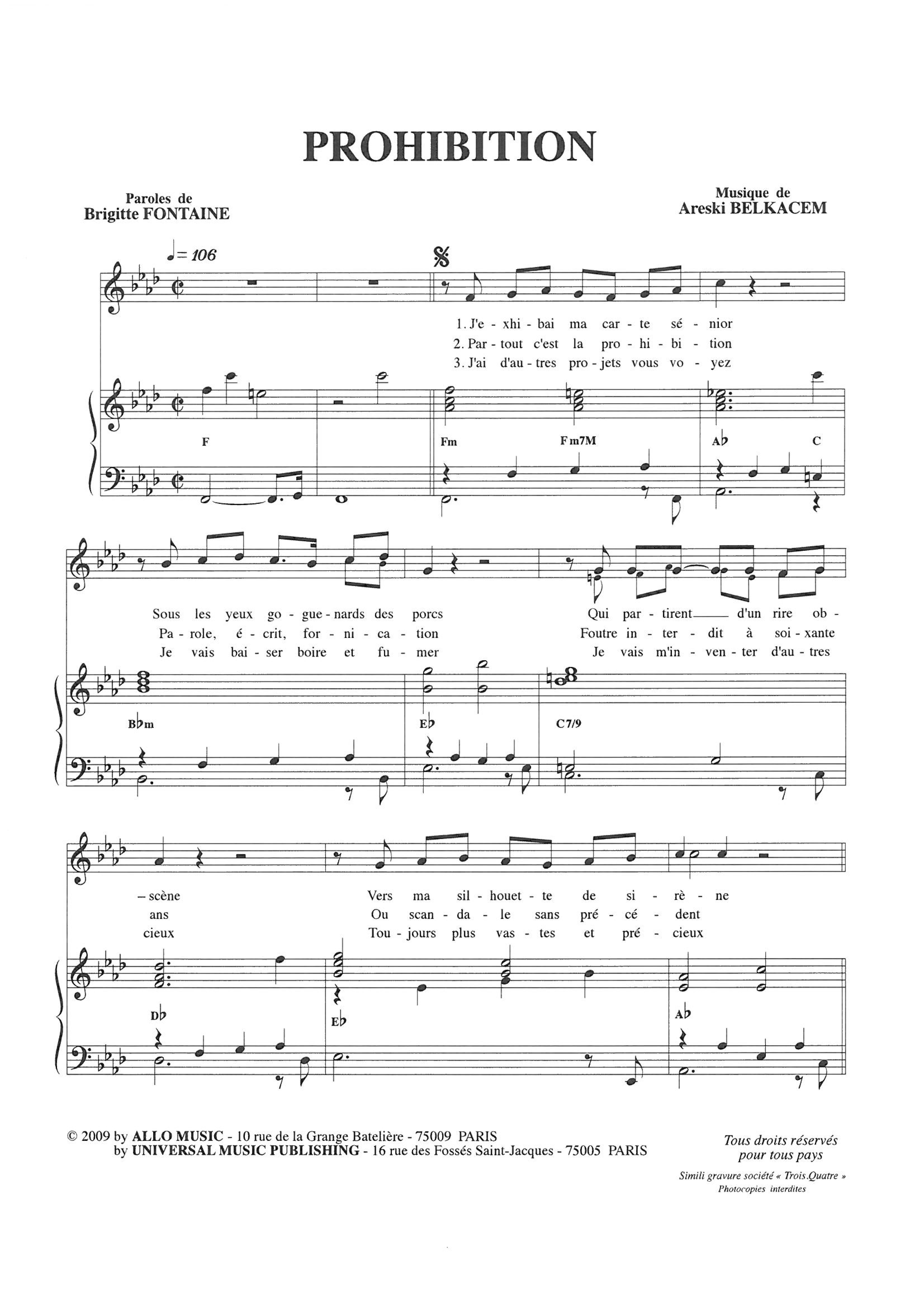 Download Brigitte Fontaine & Areski Belkacem Prohibition Sheet Music and learn how to play Piano & Vocal PDF digital score in minutes