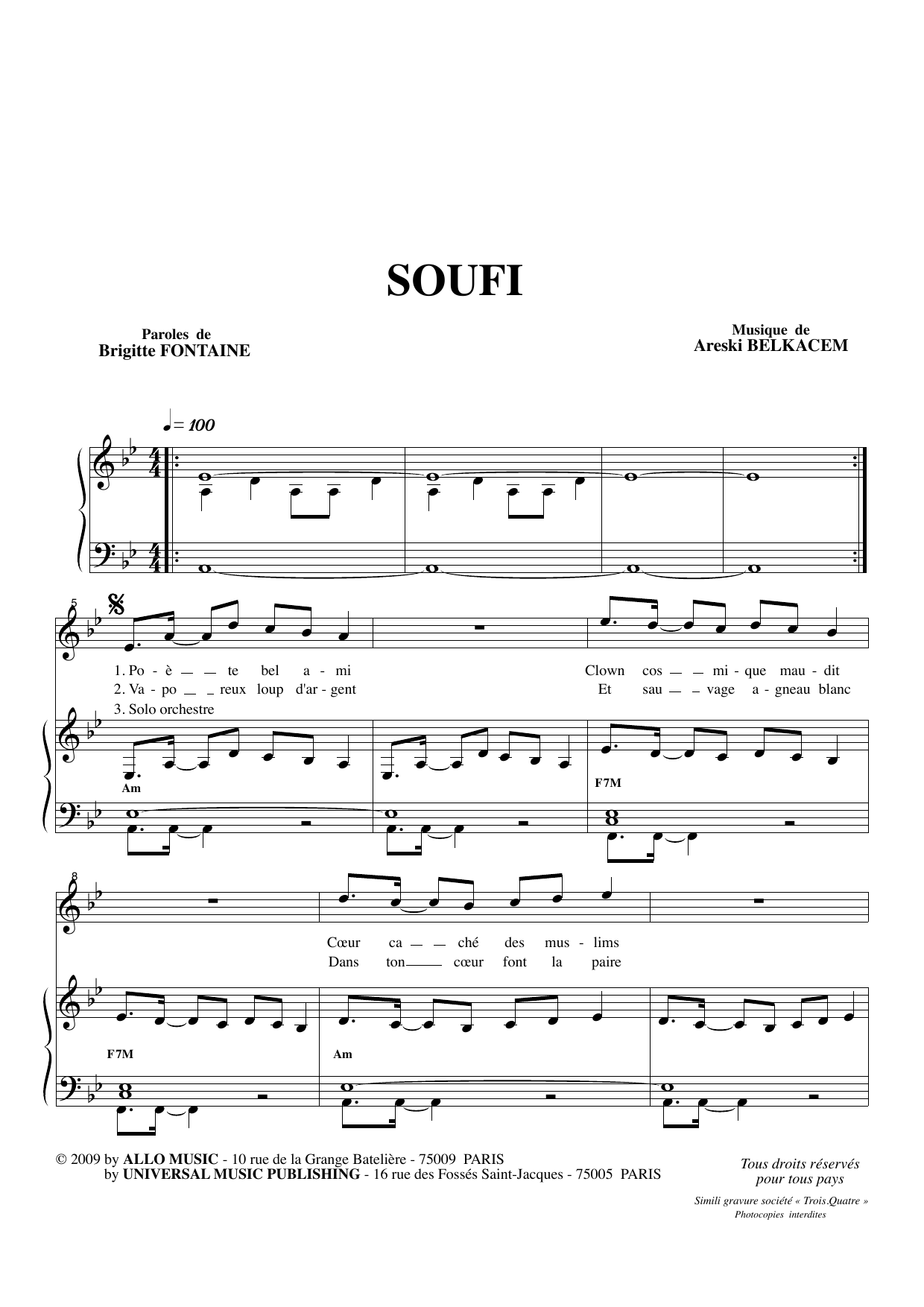 Download Brigitte Fontaine & Areski Belkacem Soufi Sheet Music and learn how to play Piano & Vocal PDF digital score in minutes