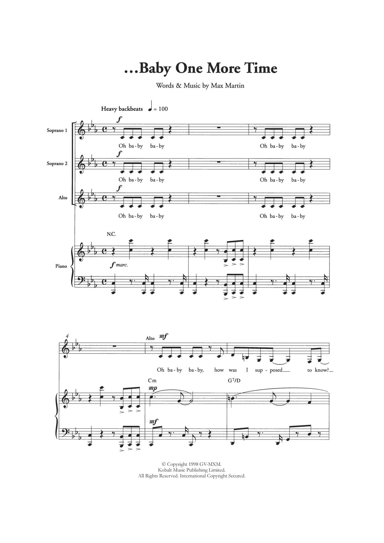 Download Britney Spears ...Baby One More Time (arr. Berty Rice) Sheet Music and learn how to play SSA PDF digital score in minutes