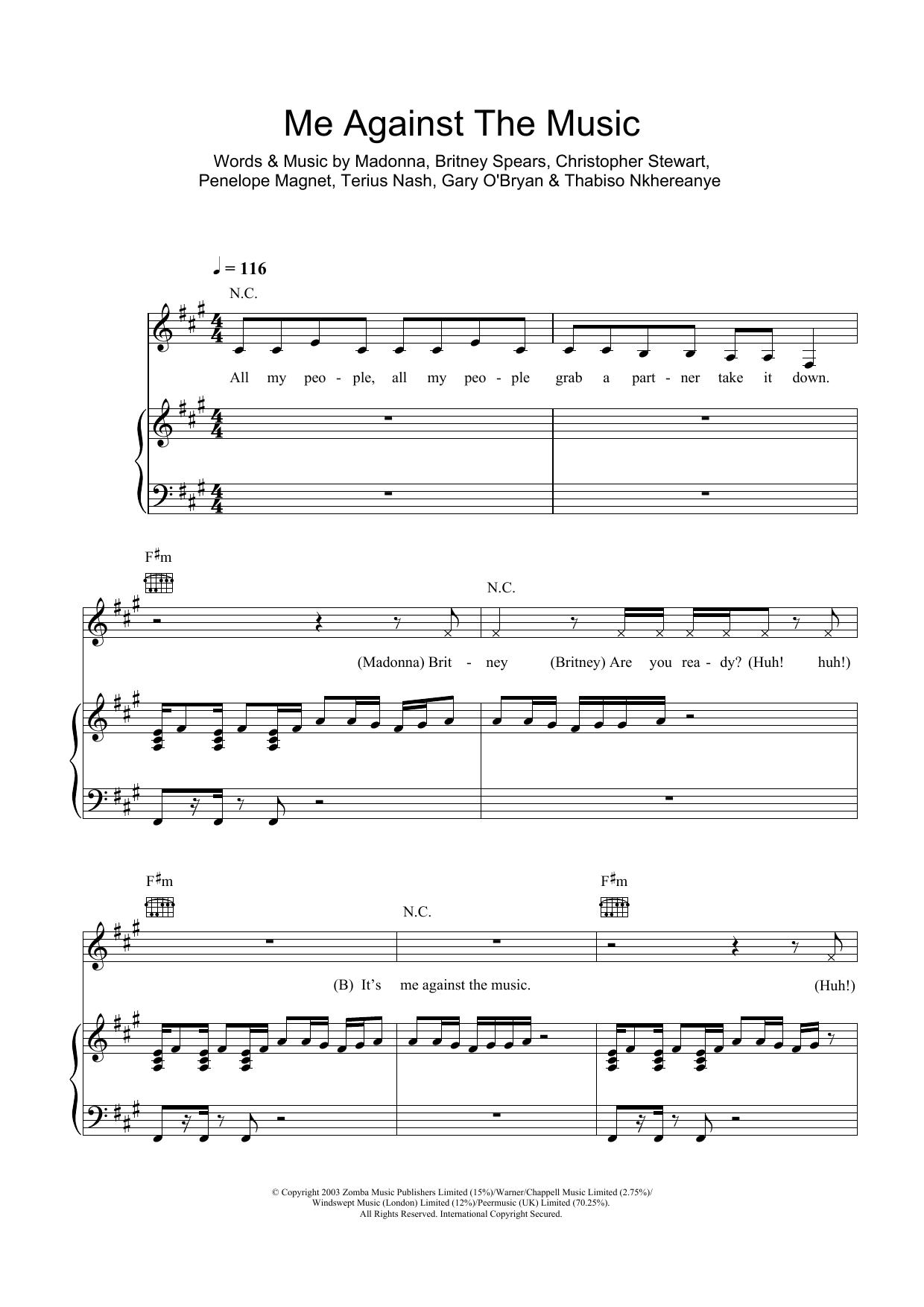 Download Britney Spears Me Against The Music (Remix) (feat. Madonna) Sheet Music and learn how to play Piano, Vocal & Guitar PDF digital score in minutes
