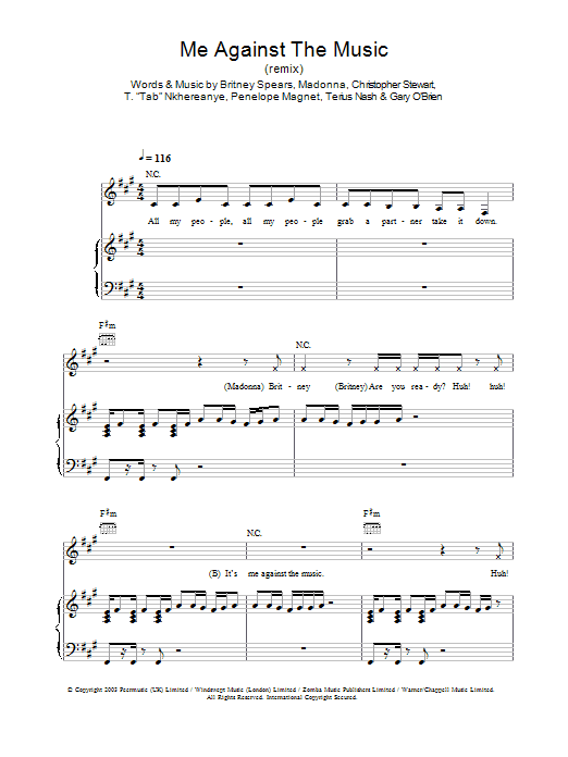 Download Britney Spears Me Against The Music (remix) Sheet Music and learn how to play Piano, Vocal & Guitar PDF digital score in minutes