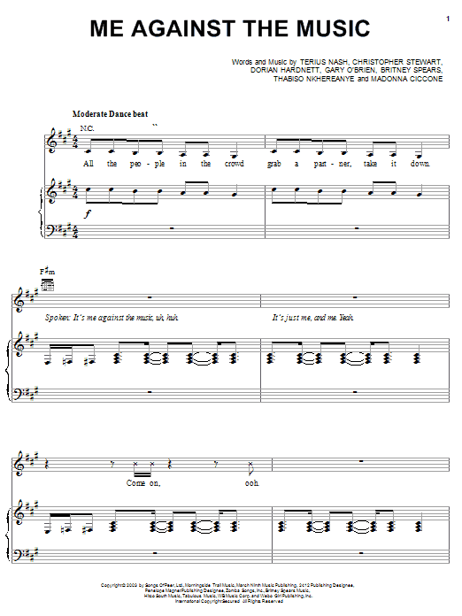 Download Britney Spears Me Against The Music (feat. Madonna) Sheet Music and learn how to play Piano, Vocal & Guitar (Right-Hand Melody) PDF digital score in minutes