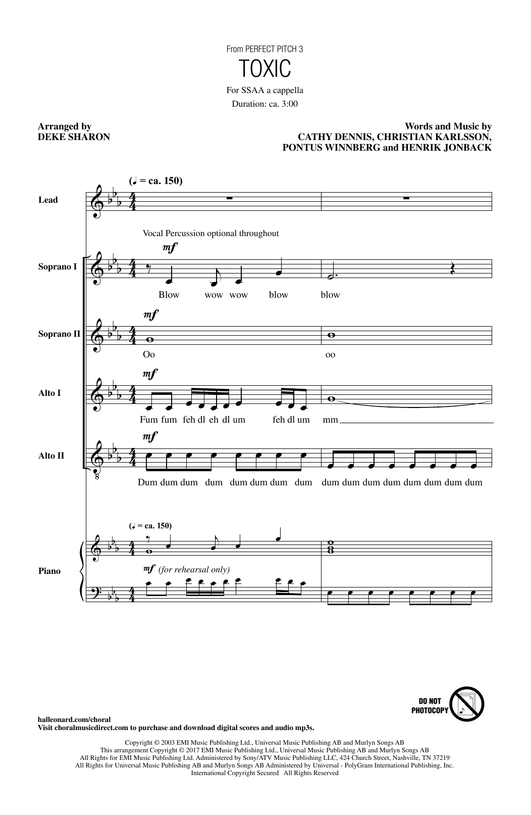 Download Britney Spears Toxic (arr. Deke Sharon) Sheet Music and learn how to play SSAA PDF digital score in minutes