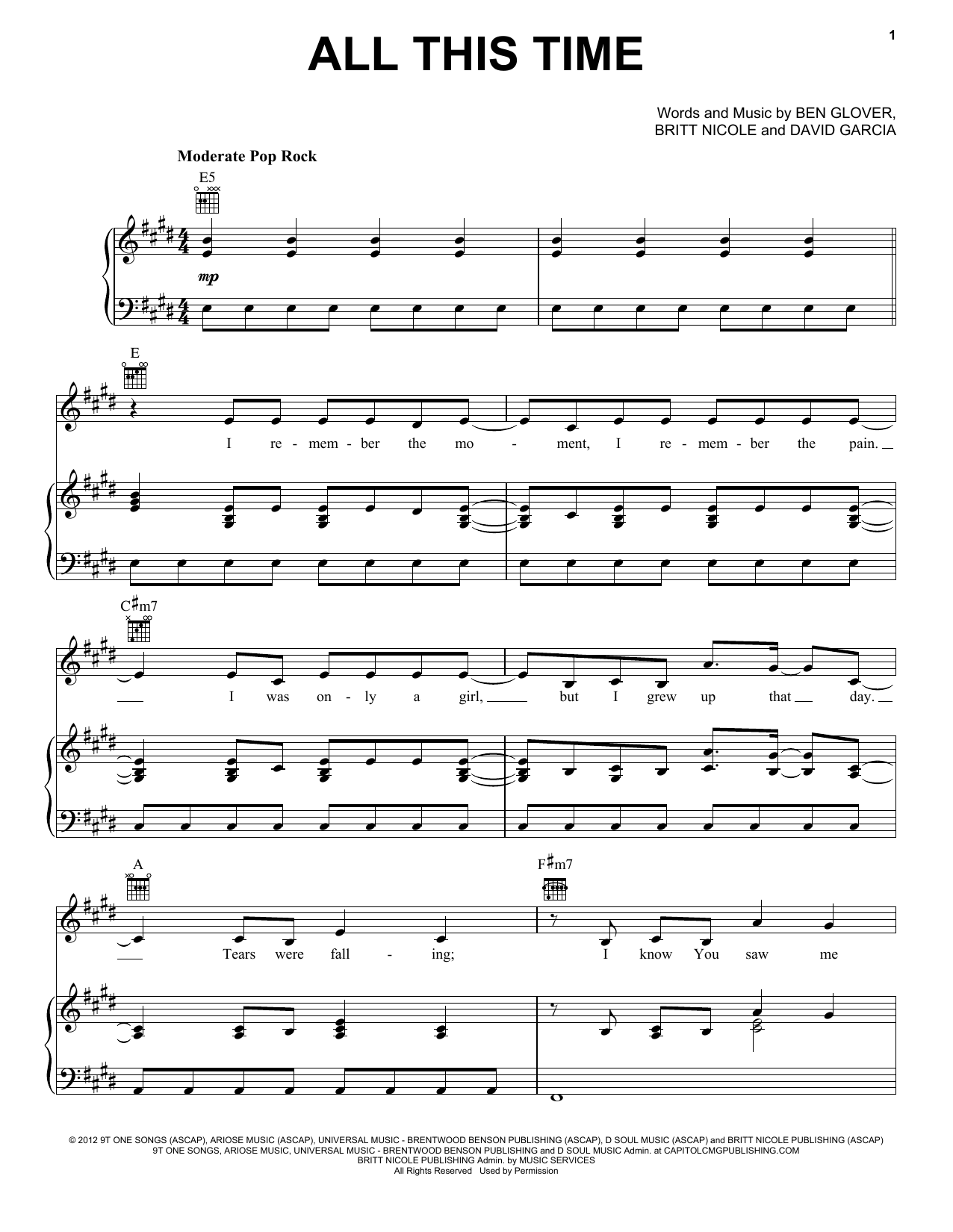 Download Britt Nicole All This Time Sheet Music and learn how to play Piano, Vocal & Guitar (Right-Hand Melody) PDF digital score in minutes